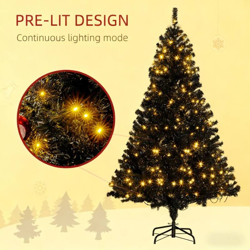 Realistic Branches Christmas Tree,Tall PreLit Artificial Christmas Tree with Warm White LED Lights and Tips - Black
