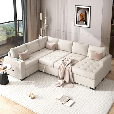 Modular Combination Sofa with Ottoman L-shaped, USB and Type-C Interfaces