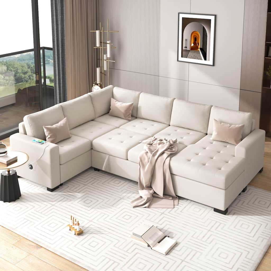 Modular Combination Sofa with Ottoman L-shaped, USB and Type-C Interfaces
