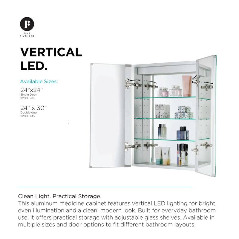 Bathroom Medicine Cabinet, Aluminum, Recessed/Surface Mount, Mirrored Interior w/LED