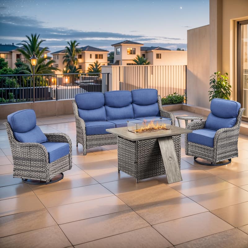 Pocassy Outdoor 6 Inch Sofa Chair Ottoman with Fire Pit Table Set - Grey Wicker Blue Cushion - 5 Pieces Sofa Chair Table with Fire Table