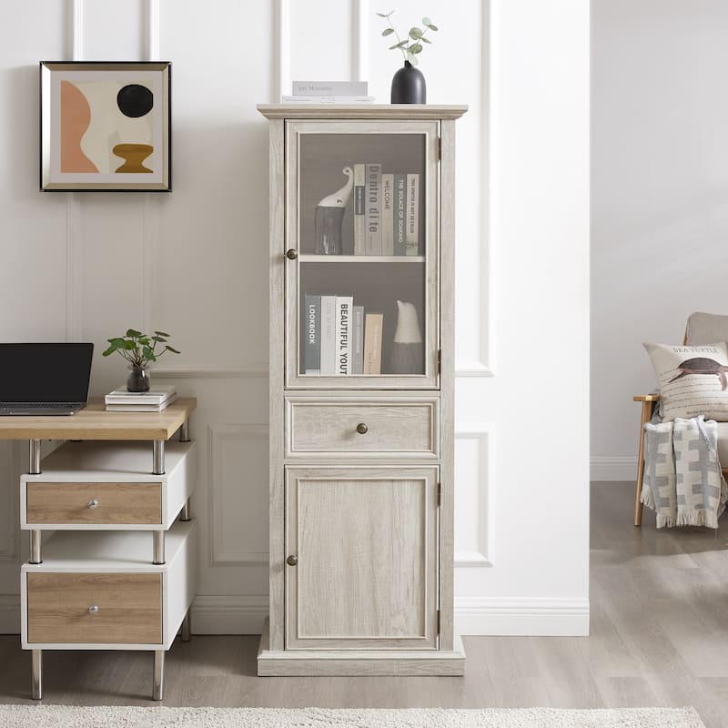 Modern Tall Storage Cabinet with Glass Door, Drawer and Shelves for Living Room, Kitchen, Dining Room - White