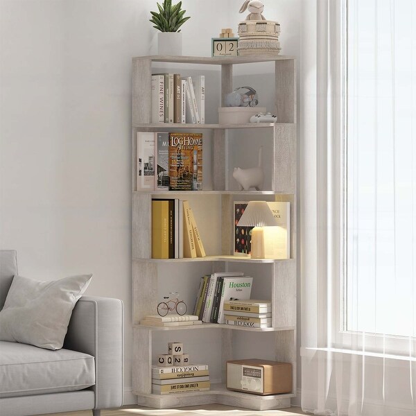 6 Tier Freestanding L-Shaped Corner Bookshelf for Living Room and