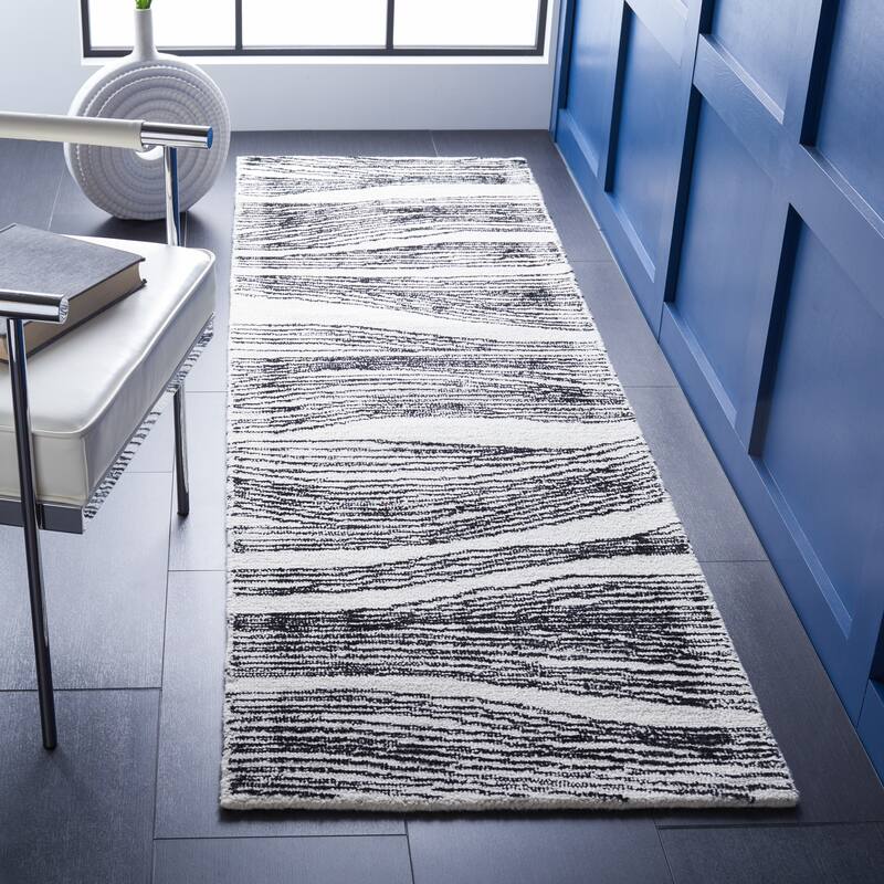 SAFAVIEH Handmade Metro Fetnete Modern Abstract Wool Rug - 2'3" x 8' Runner - Ivory/Black