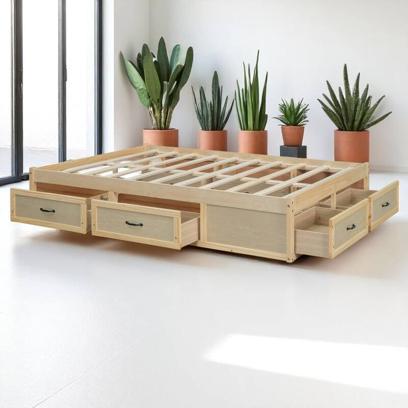 Full/Queen Platform Bed with 6 Storage Drawers, Modern Wood Frame with Slats, No Box Spring Needed