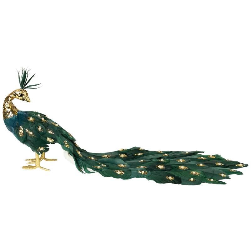 Glittered Peacock with Faux Pearls Christmas Decoration - 22" - Green