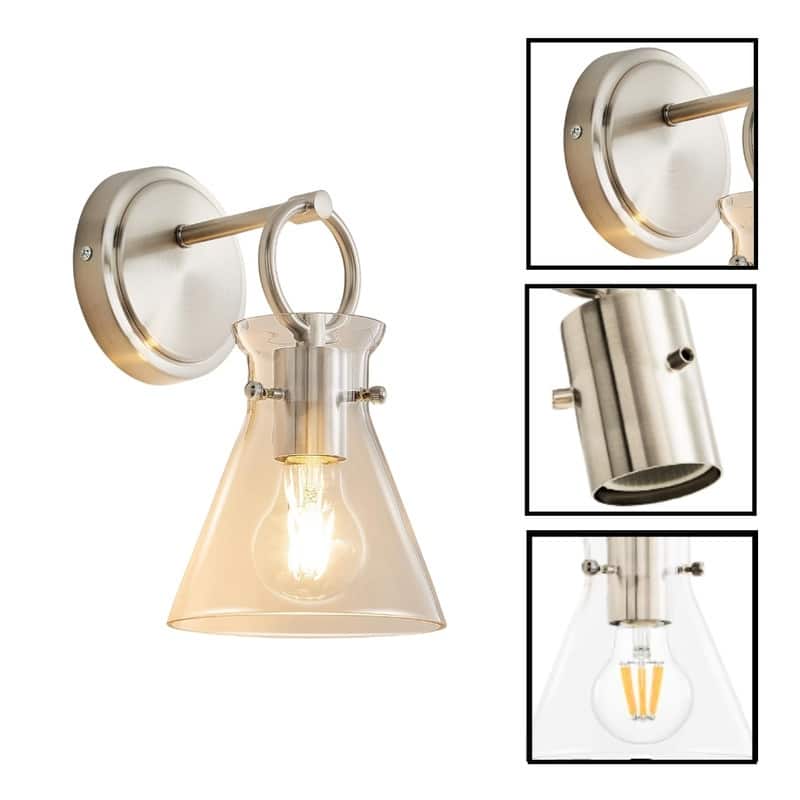 1 Pack bulb light brushed nickel wall sconce glass, metal wall light
