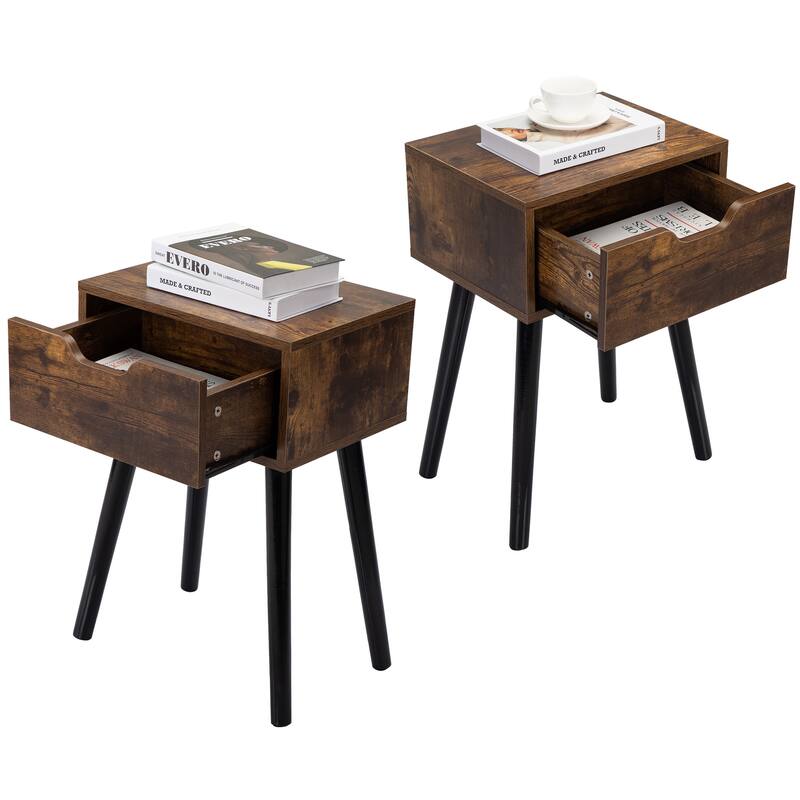 Set Of 2 Mid Century Wood Side Table With 1 Storage Drawer