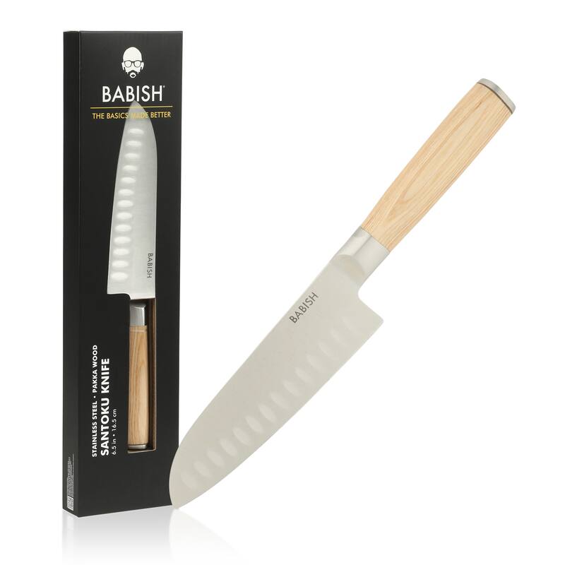 Babish High Carbon 1.4116 German Steel Full Tang 6.5-Inch Santoku Knife - for Chopping, Slicing, Dicing & Precision Prep - Light Brown