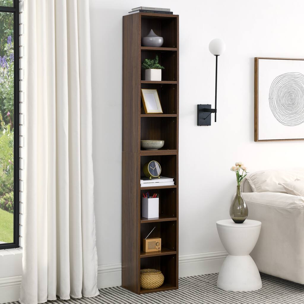 Roomfitters 8-Tier Tall Narrow Bookcase with Adjustable Shelves, Slim Storage Tower for Books, CDs, DVDs, and Décor