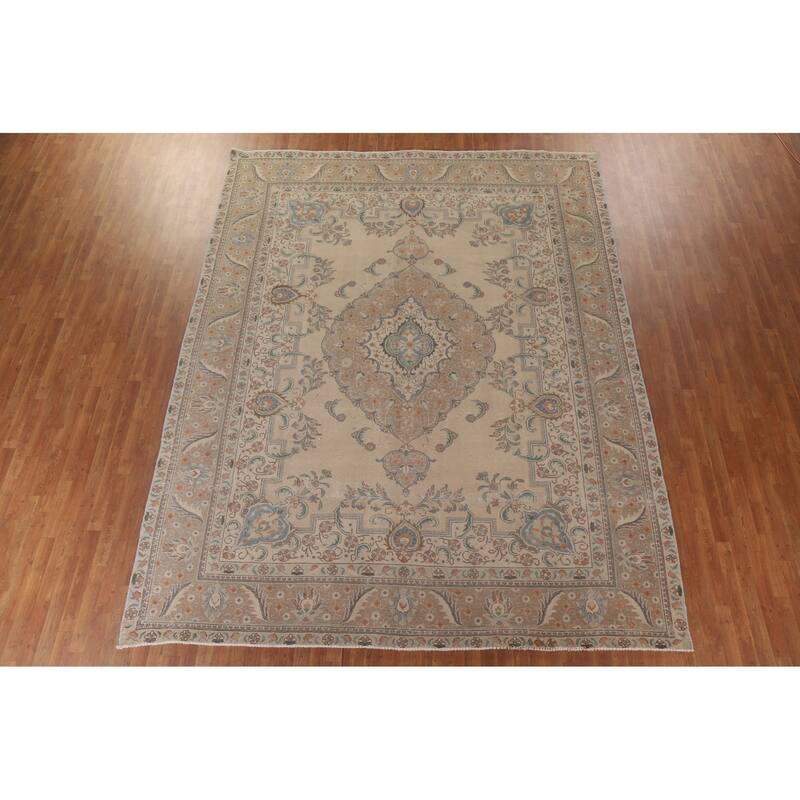 Hand Knotted Oriental 100% Wool Carpet Traditional Medallion Beige & Ivories Tabriz Area Rug - 12' 7'' X 9' 10''