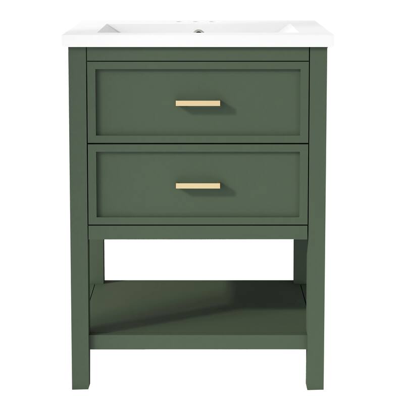 Freestanding Single Sink Storage Cabinet Bathroom Vanity with Tip-out Drawer, U-shaped Drawer, Open Shelf and Gold Metal Handles