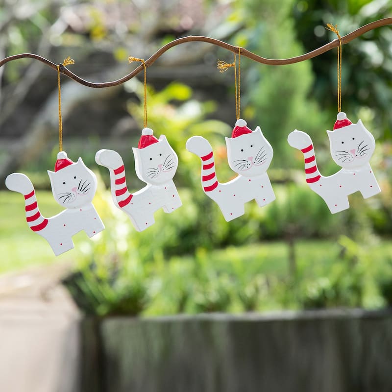 Novica Handmade Merry Felines Wood Holiday Ornaments (Set Of 4)