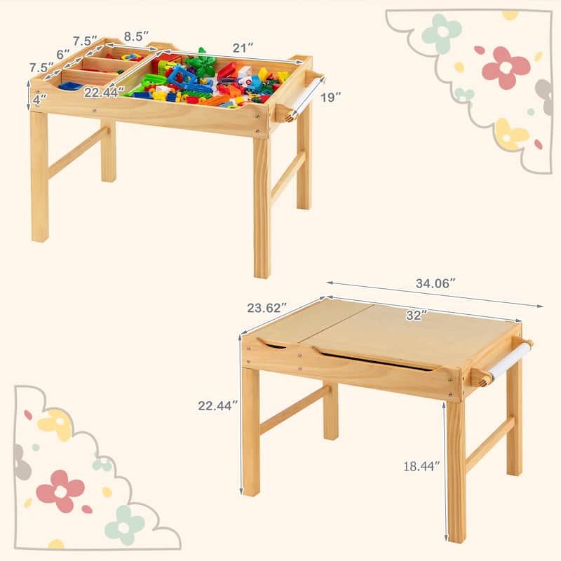 Wooden Kids Multi Activity Play Table with Storage Paper Roll - 34" x 23.5" x 22.5" (L x W x H)