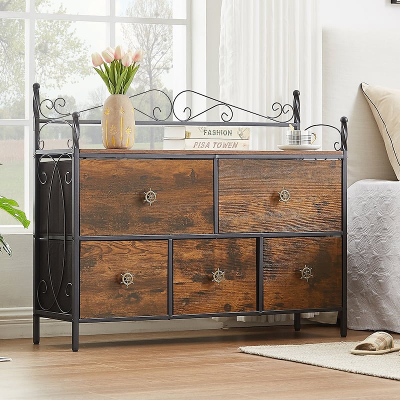 Wide Dresser / TV Stand With Space-saving 5 Drawers Dresser By Bedroom,Brown Grey - Brown
