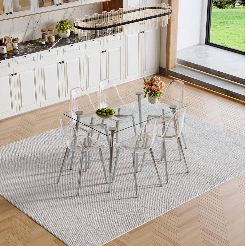 Modern Luxurious Rectangular Tempered Glass Dining Table Set- with 6 Transparent Plastic Dining Chair