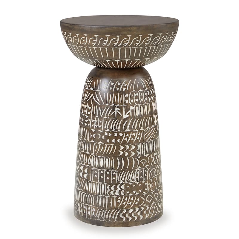 Accent Table, Faux Wood Classical Tribal Carved Design, Brown 14 Inch
