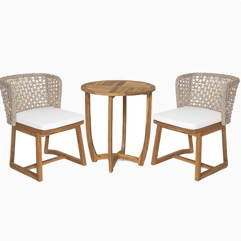 Christopher Knight Home - Solterra Outdoor Acacia Wood 3-Piece Conversation Set with Wicker Chairs and Cushions