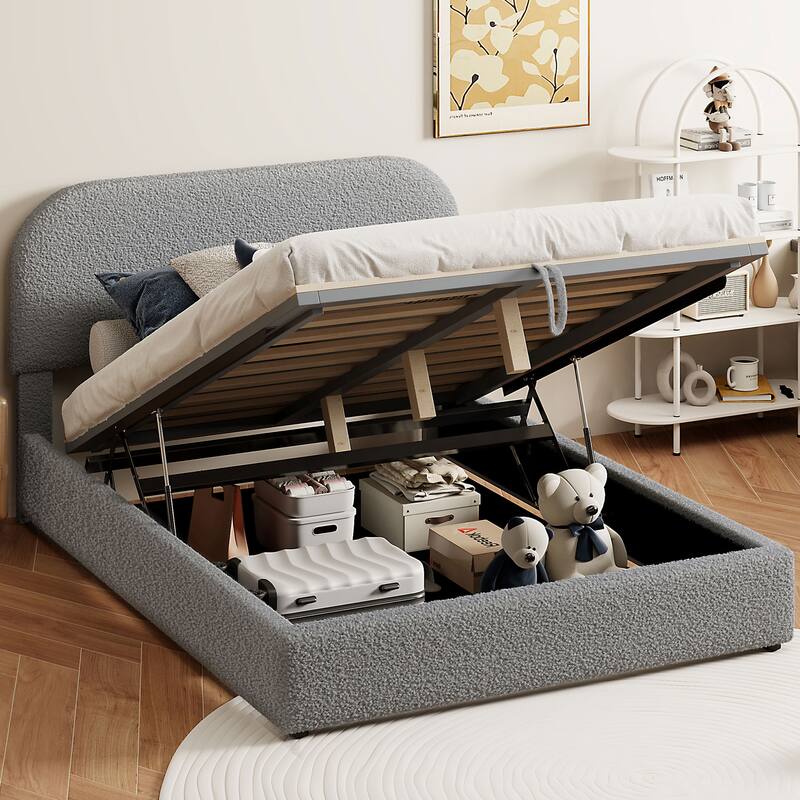 Full Size Platform Bed with Hydraulic Storage, Upholstered in Teddy Fleece, White - Grey - Full