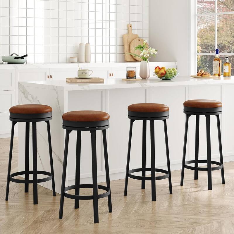 360° Swivel Bar Stool Set of 2, PU Leather Upholstered Counter Height Bar Stool with Metal Footrests
