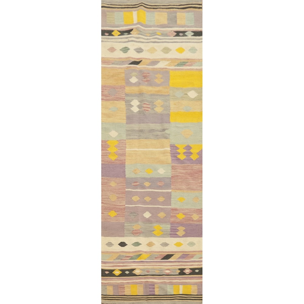 Hand Woven Oriental 100% Wool Carpet Southwestern Modern Multi-Colored Kilim Runner Rug - 9' 7'' X 2' 8''