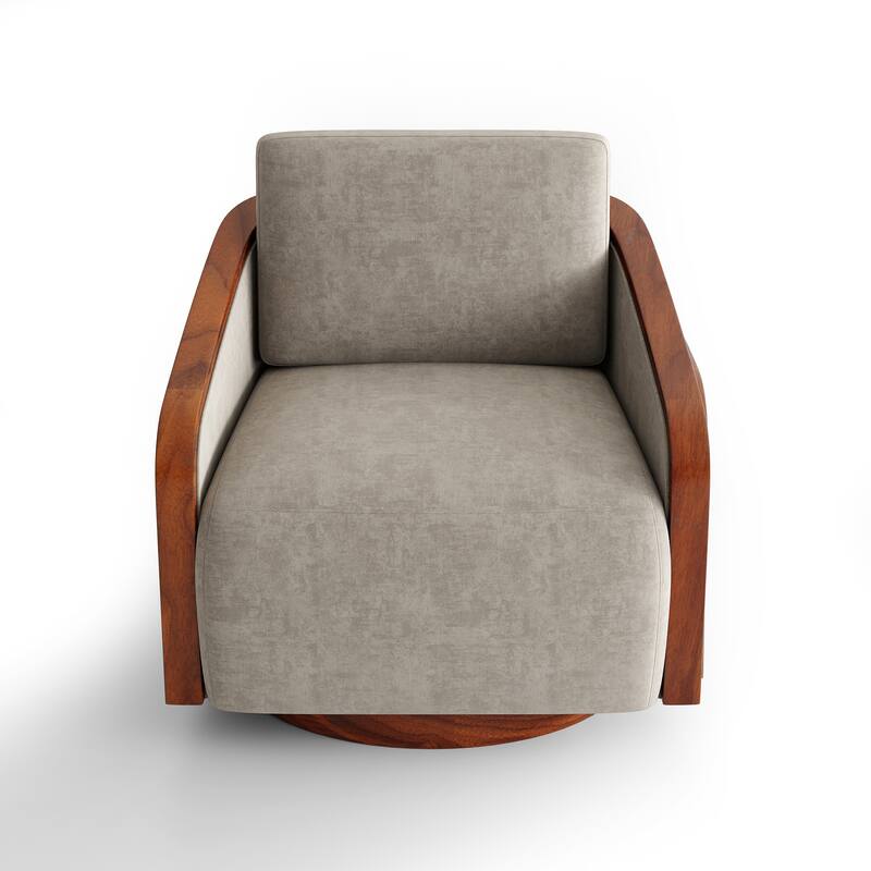 Upholstered Swivel Barrel Chair with Curved Wood Arms