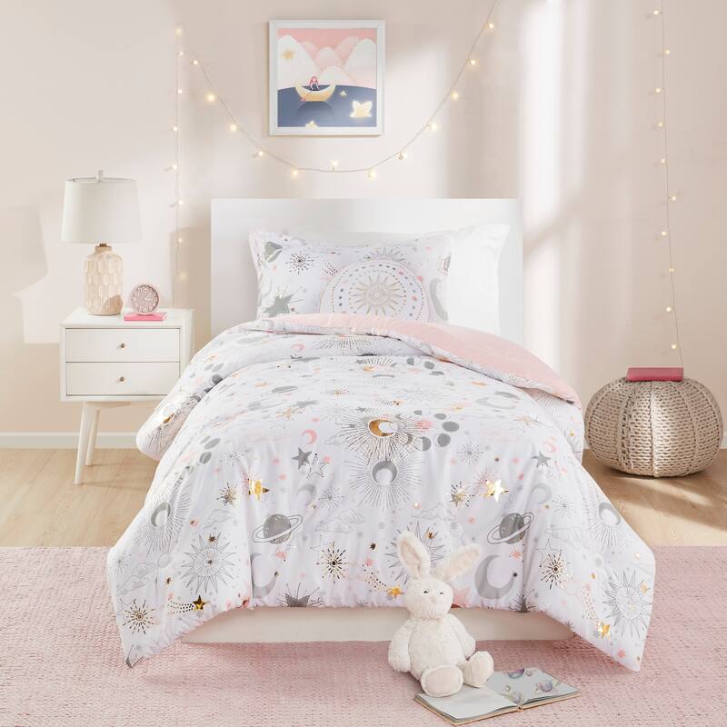 Intelligent Design Kids Ariella Starry Sky Metallic Comforter Set with Throw Pillow - Blush/Gold - Full - Queen