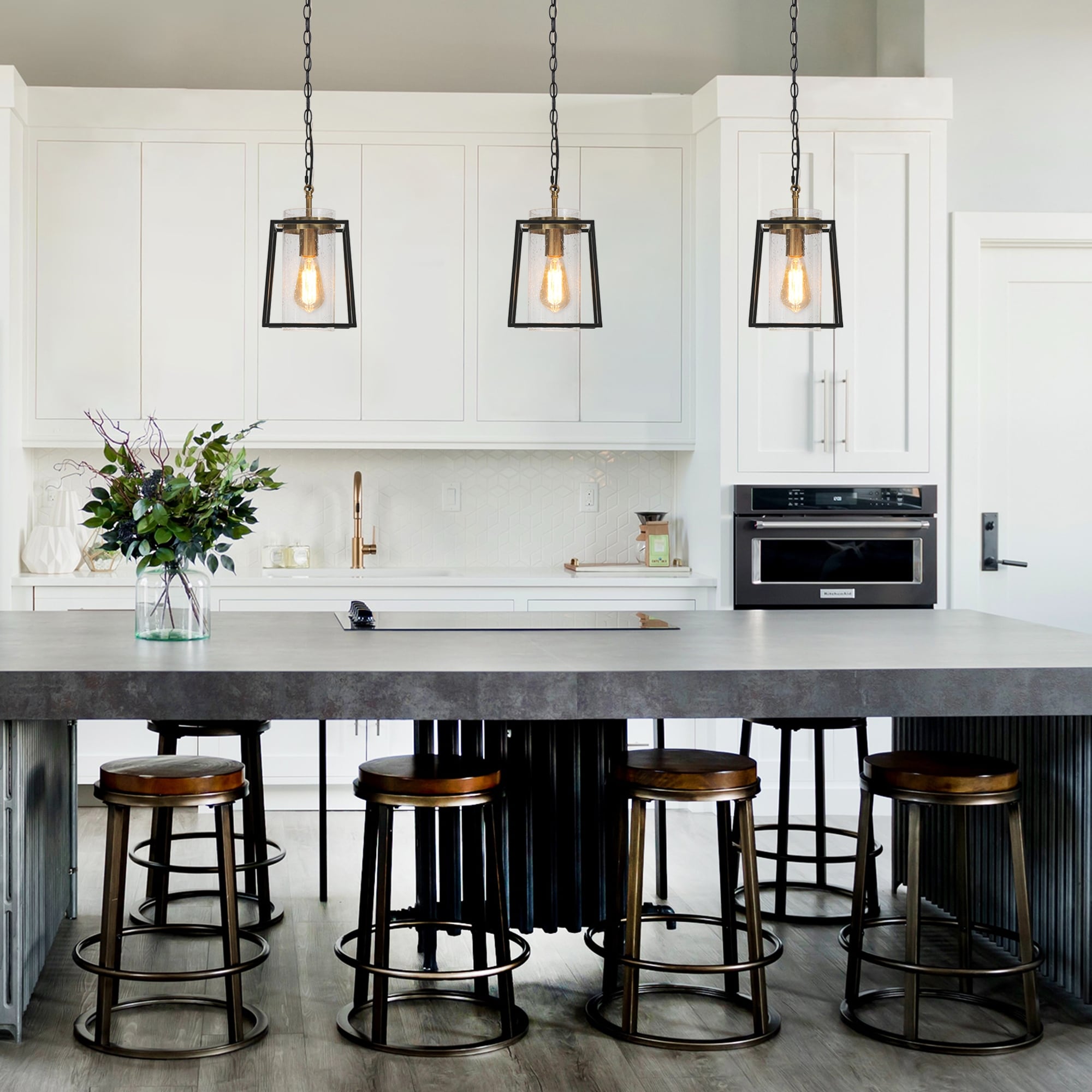 XiNBEI Black Cage Pendant Light - Adjustable Farmhouse Lantern For Kitchen Island & Dining