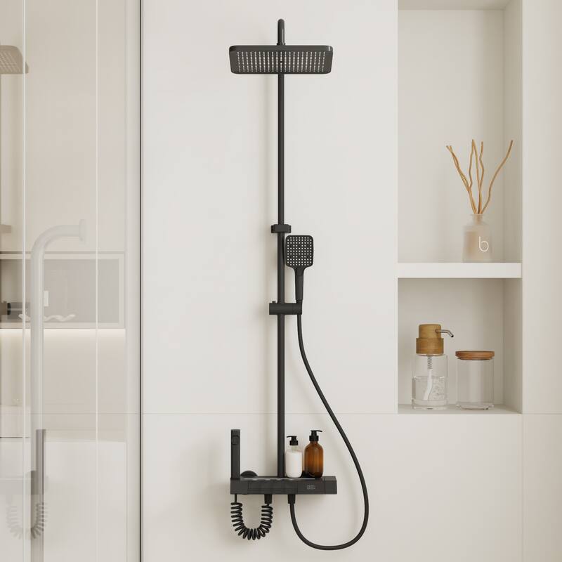 Shower Panel System with LED Digital Display, 4-Button Piano Key Control, 3-Mode Handheld & Rainfall Shower Head