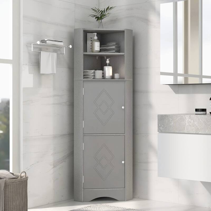 Tall Bathroom Corner Cabinet, Freestanding Storage Cabinet with Doors and Adjustable Shelves - Grey