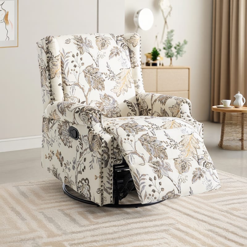 UIXE Roderich Farmhouse Floral Print Swivel Rocker Push Back Recliner - Plants Beige