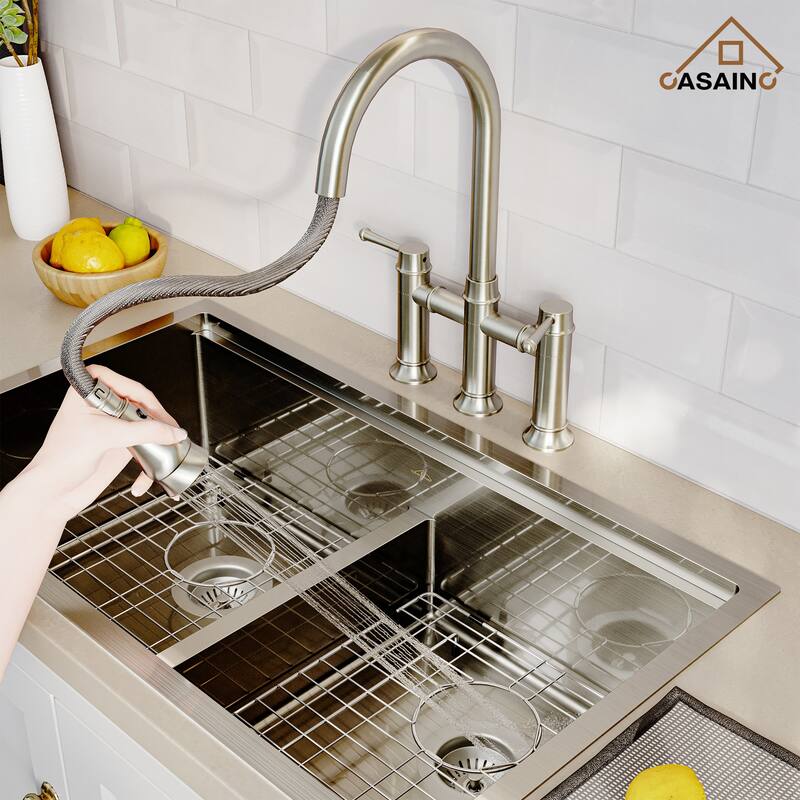 Double Handle Bridge Kitchen Faucet with 3-Function Pull-Down Spray Head - White