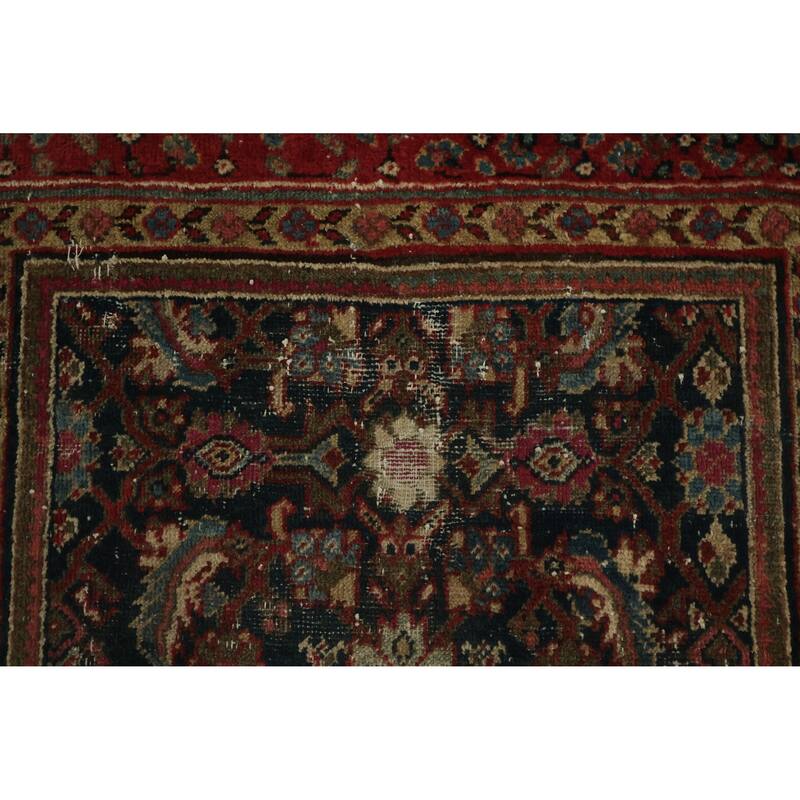 Hand Knotted Oriental 100% Wool Carpet Traditional Floral Navy Blue & Blues Malayer Runner Rug - 11' 4'' X 3' 7''