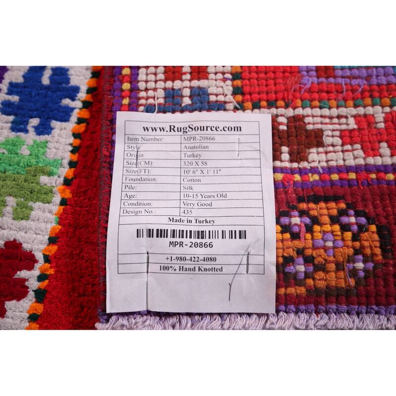 Tribal Anatolian Turkish Vintage Runner Rug Handmade Red Silk Carpet - 1'11"x 10'6"