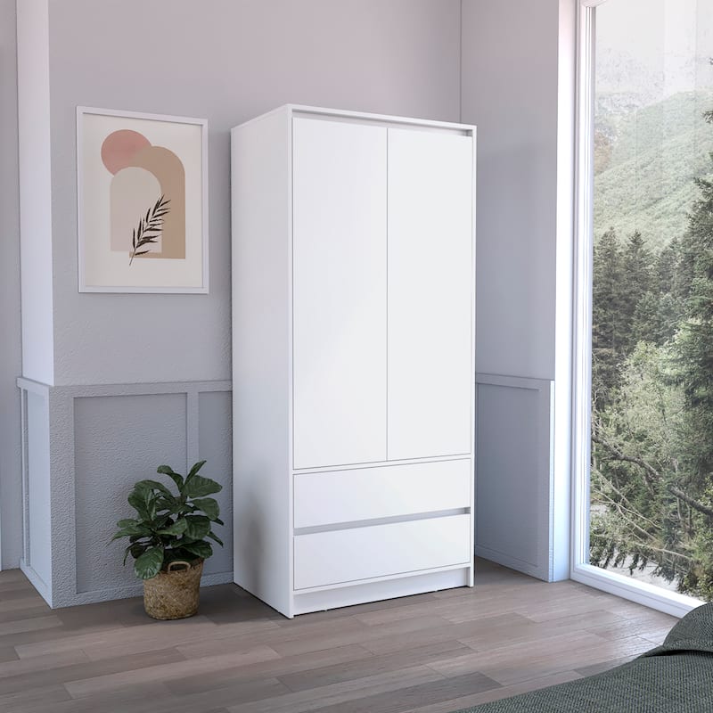 20.47" Modern Double-door Armoire with Two Drawers and Hanging Rod for Bedroom - White