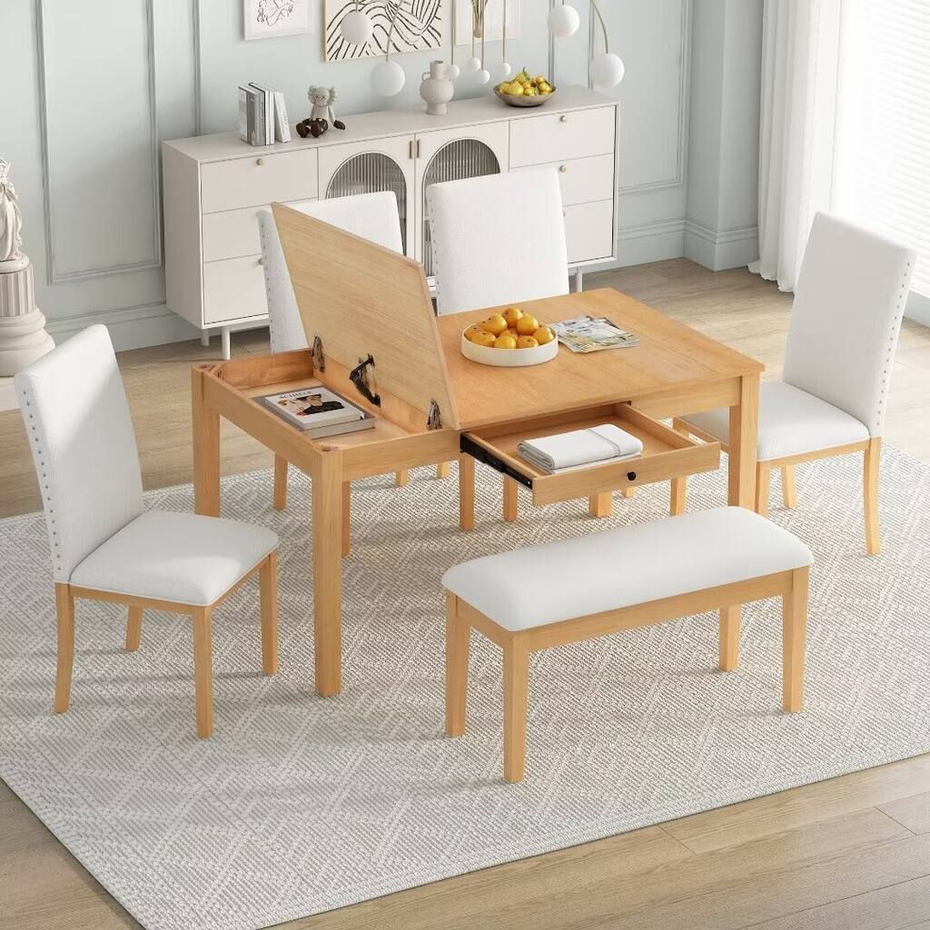Dining Table Set w/ Storage Table,W/ Drawer &Upholstered Dining Chairs - Table:59x35.4x30inch