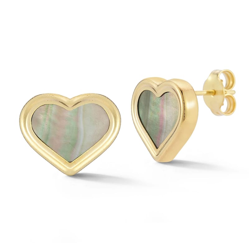 Soleil 14K Gold Mother of Pearl Heart Studs, Made in Italy - Black Mother of Pearl