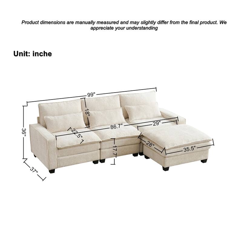 L Shaped Sectional Sofa with Movable Ottoman, Chenille Upholstered 4 Seater Sofa, Cloud Deep Seat Couch with Lumbar Pillow