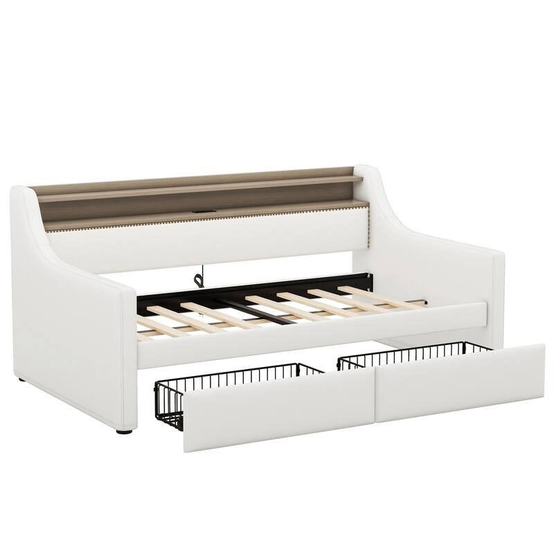 Modern Twin Daybed with Drawers, Built-in Charging Station, LED Lighting, Linen Upholstered