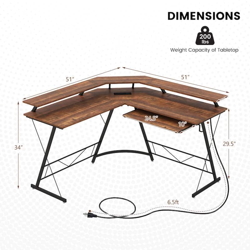 Costway L-shaped Computer Desk with Power Outlet 51" Corner Computer - See Details