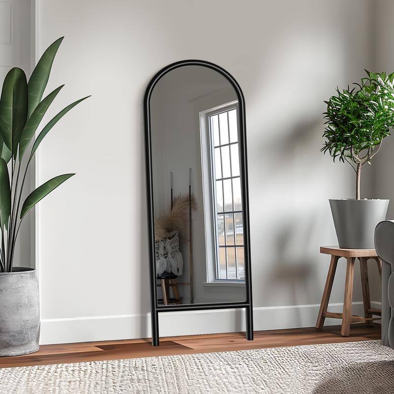 Ladder-Style Arched Solid Wood Framed Full Length Leaning Mirror - 64"x21" - Black-Arched