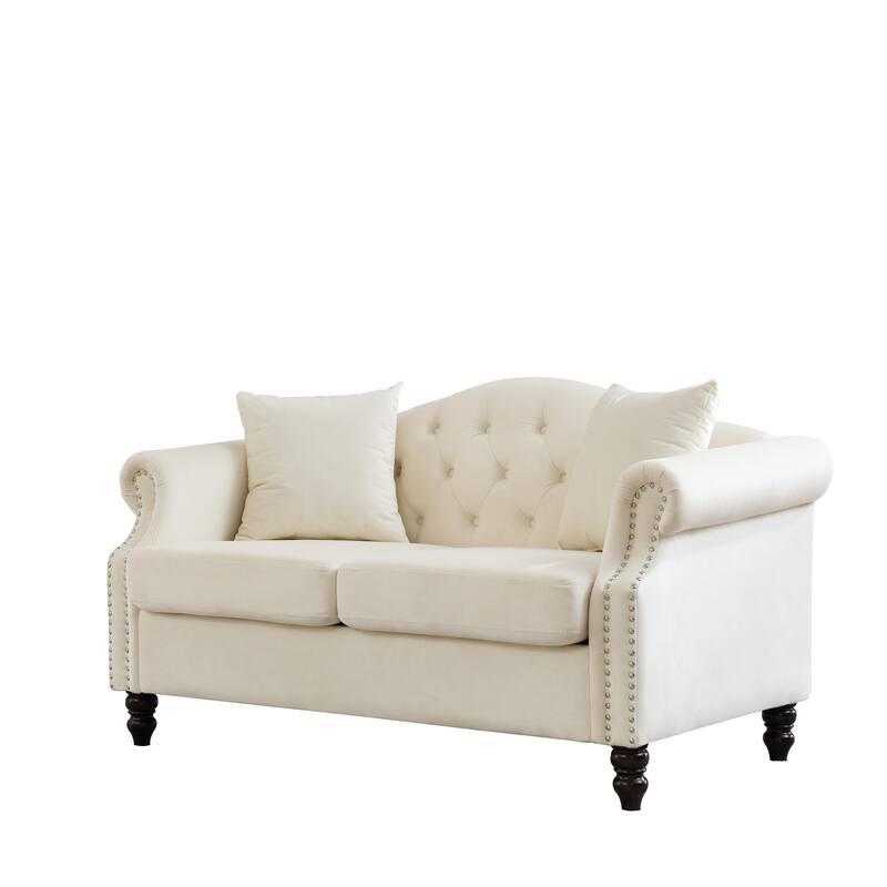 Chesterfield Velvet Sofa, Upholstered Loveseat Sofa with 2 Pillows, Tufted 2 Seater Sofa with Rolled Arms & Nailhead Trim