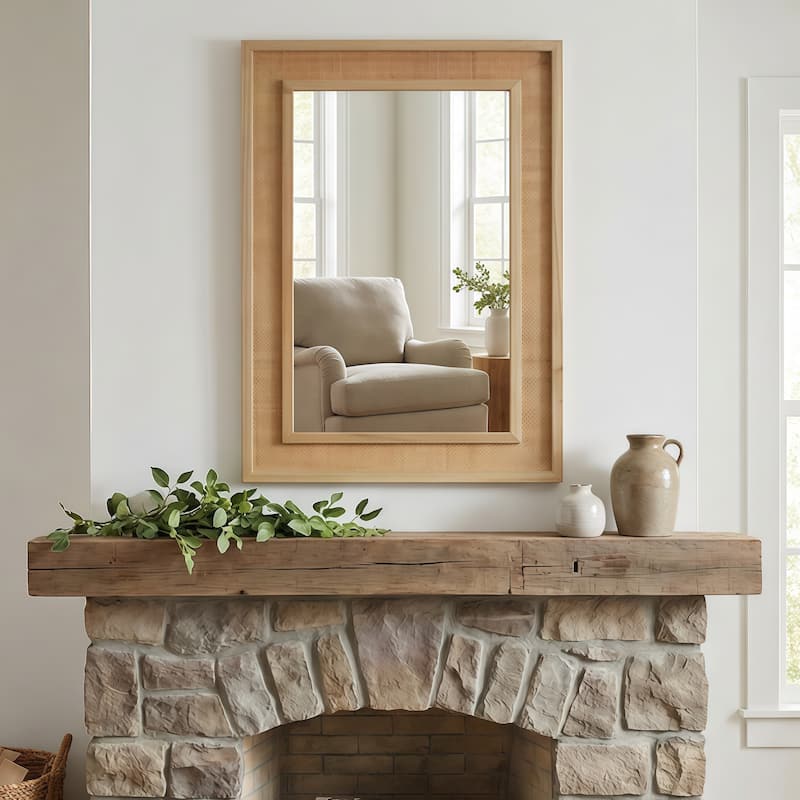 20"x30" Rattan Rectangle Solid Wood Frame Decorative Mirror,For Farmhouse,Bathroom,Home Decor,Entryway