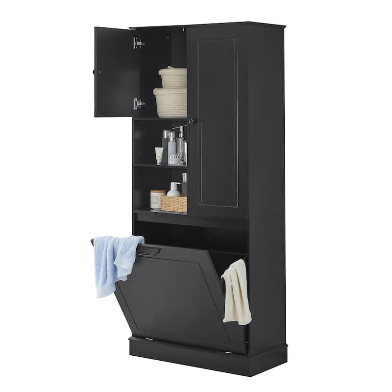 GDF Studio - Tommy Modern MDF Tall Storage Cabinet with Adjustable Shelves and Large Flip-Out Basket