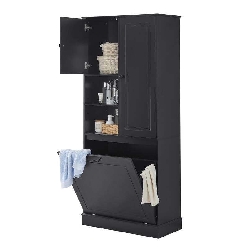 Tall Storage Cabinet with Adjustable Shelves, Large Flip-Out Basket & Enclosed Cabinets