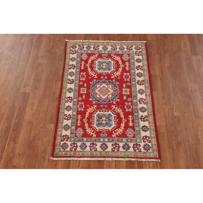 Geometric Red Kazak Foyer Rug Hand-Knotted Traditional Wool Carpet - 2'8" x 4'1"