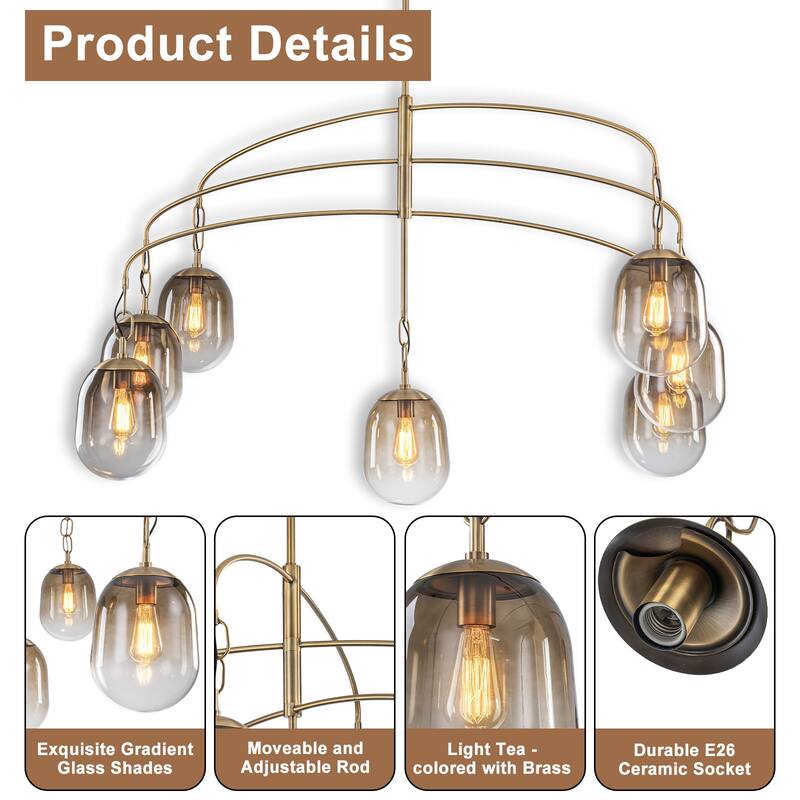 Modern Gold Chandelier Gradient Glass Shades 2-Tier Curved Arm