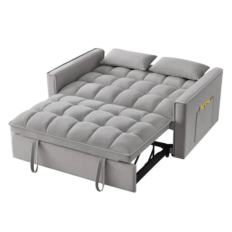 Gray 52.5" Velvet 4-in-1 Loveseat Tufted Pull-Out Sofa Bed with Adjustable Backrest