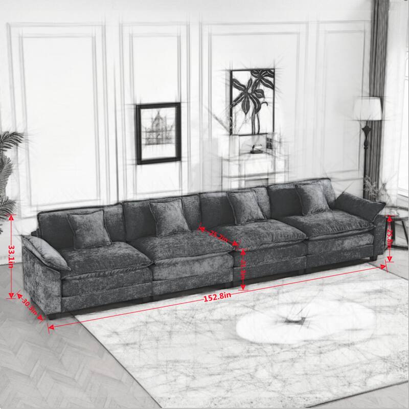 4 Seater Sectional Sofa Chenille Modular Deep Seat Couch with Armrest Pillows and Double Layer Seat Cushions for Living Room