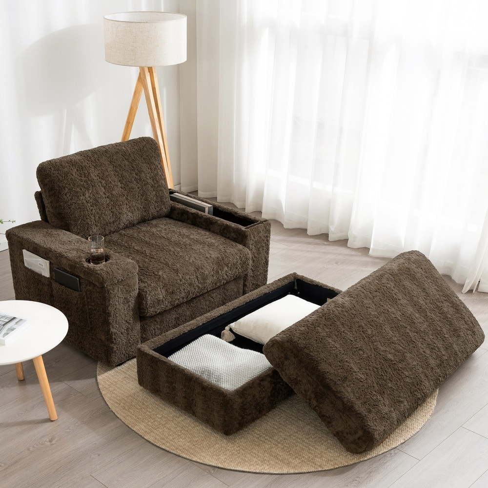 2-Piece Oversized Accent Chair & Ottoman Sets, Single Sofa Reading Couch Chaise Lounge with Storage Ottoman & Cup Holders